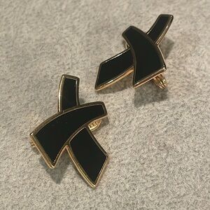 Monet Vintage Black Enamel Asian X Letter Clip On Earrings Signed